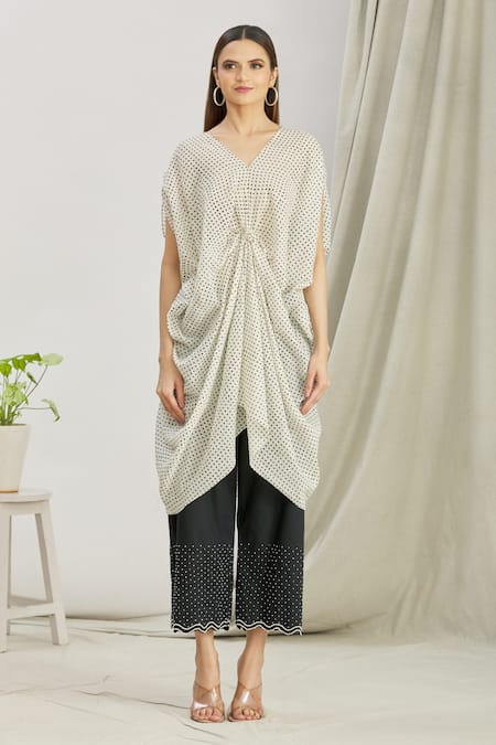 Paksh White Mulmul Bead Work, Polka Dot Print V Front Knot Kaftan Tunic And Palazzo Set Online at Aza Fashions Paksh_White Mulmul Bead Work, Polka Dot Print V Front Knot Kaftan Tunic And Palazzo Set _Online_at_Aza_Fashions