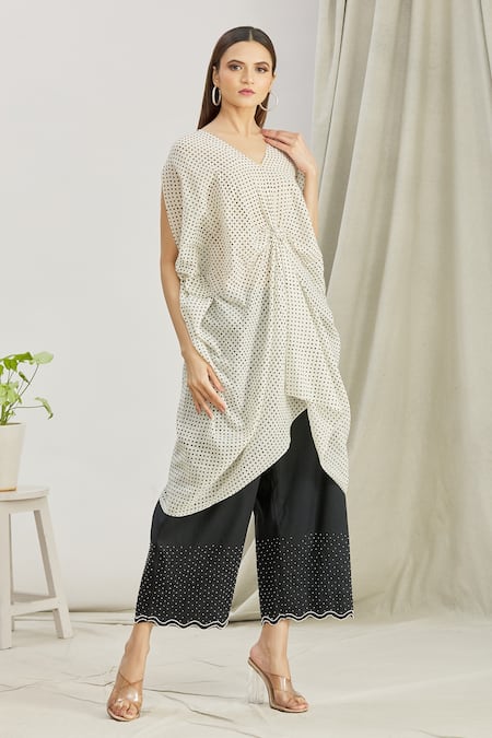 Buy Paksh White Mulmul Bead Work, Polka Dot Print V Front Knot Kaftan Tunic And Palazzo Set Online at Aza Fashions Buy_Paksh_White Mulmul Bead Work, Polka Dot Print V Front Knot Kaftan Tunic And Palazzo Set _Online_at_Aza_Fashions
