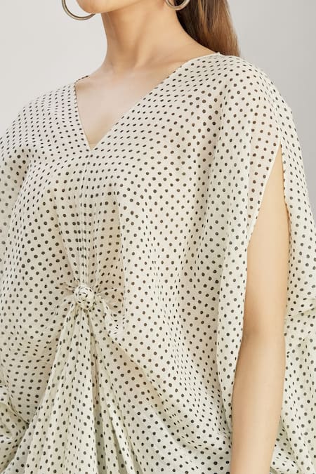 Shop Paksh White Mulmul Bead Work, Polka Dot Print V Front Knot Kaftan Tunic And Palazzo Set Online at Aza Fashions Shop_Paksh_White Mulmul Bead Work, Polka Dot Print V Front Knot Kaftan Tunic And Palazzo Set _Online_at_Aza_Fashions