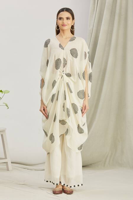 Paksh_White Mulmul Bead Work, Polka Dot Print, Front Knot Kaftan Tunic And Palazzo Set _Online_at_Aza_Fashions