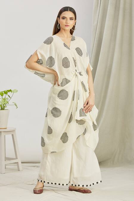 Buy_Paksh_White Mulmul Bead Work, Polka Dot Print, Front Knot Kaftan Tunic And Palazzo Set _Online_at_Aza_Fashions