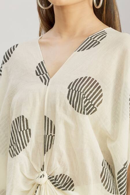 Shop_Paksh_White Mulmul Bead Work, Polka Dot Print, Front Knot Kaftan Tunic And Palazzo Set _Online_at_Aza_Fashions