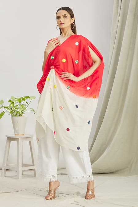 Buy_Paksh_White Mulmul Embroidered Polka Dot V Neck Front Knot Kaftan Tunic  _Online_at_Aza_Fashions