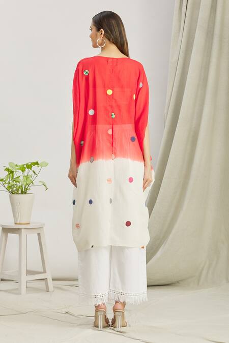 Shop_Paksh_White Mulmul Embroidered Polka Dot V Neck Front Knot Kaftan Tunic  _at_Aza_Fashions
