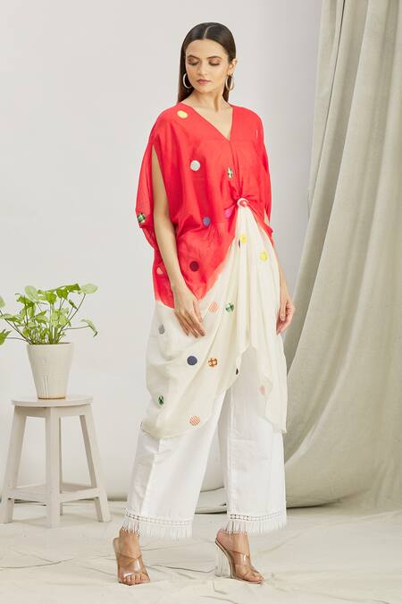 Paksh_White Mulmul Embroidered Polka Dot V Neck Front Knot Kaftan Tunic  _Online_at_Aza_Fashions