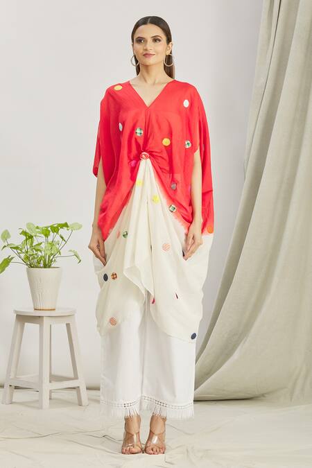 Shop_Paksh_White Mulmul Embroidered Polka Dot V Neck Front Knot Kaftan Tunic  _Online_at_Aza_Fashions