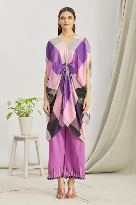 Paksh Purple Mulmul Bead Work, Polka Dot Print, Front Knot Kaftan Tunic And Palazzo Set Online at Aza Fashions Paksh_Purple Mulmul Bead Work, Polka Dot Print, Front Knot Kaftan Tunic And Palazzo Set _Online_at_Aza_Fashions