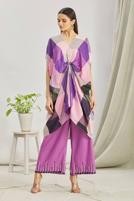 Buy Paksh Purple Mulmul Bead Work, Polka Dot Print, Front Knot Kaftan Tunic And Palazzo Set Online at Aza Fashions Buy_Paksh_Purple Mulmul Bead Work, Polka Dot Print, Front Knot Kaftan Tunic And Palazzo Set _Online_at_Aza_Fashions