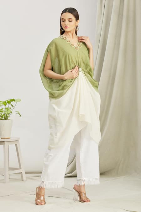 Buy_Paksh_Green Mulmul Printed Polka Dot V Neck Front Knot Kaftan Tunic  _Online_at_Aza_Fashions