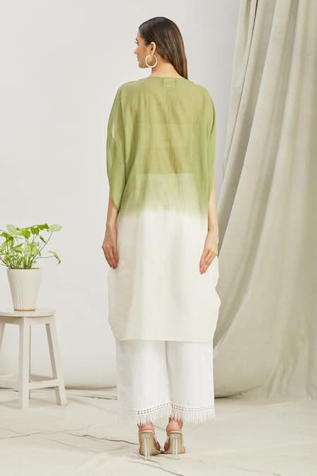 Shop_Paksh_Green Mulmul Printed Polka Dot V Neck Front Knot Kaftan Tunic  _at_Aza_Fashions
