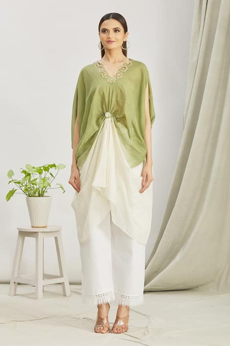 Paksh_Green Mulmul Printed Polka Dot V Neck Front Knot Kaftan Tunic  _Online_at_Aza_Fashions