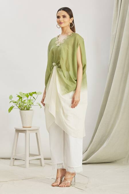 Shop_Paksh_Green Mulmul Printed Polka Dot V Neck Front Knot Kaftan Tunic  _Online_at_Aza_Fashions