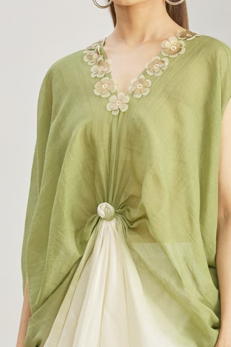 Paksh_Green Mulmul Printed Polka Dot V Neck Front Knot Kaftan Tunic  _at_Aza_Fashions