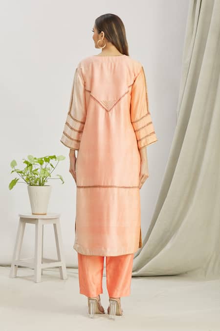 Shop_Paksh_Peach Silk Embroidered Cutdana Work V Neck Kurta Set  _at_Aza_Fashions