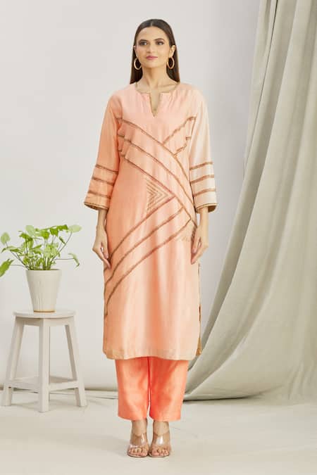 Paksh_Peach Silk Embroidered Cutdana Work V Neck Kurta Set  _Online_at_Aza_Fashions