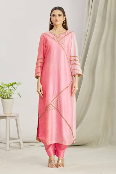 Paksh_Pink Silk Embroidered Cutdana Work V Neck Kurta Set  _Online_at_Aza_Fashions