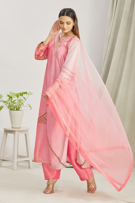 Buy_Paksh_Pink Silk Embroidered Cutdana Work V Neck Kurta Set  _Online_at_Aza_Fashions