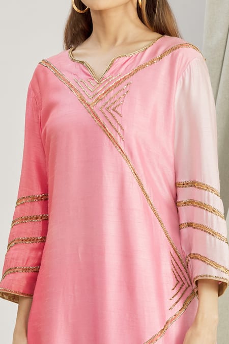 Shop_Paksh_Pink Silk Embroidered Cutdana Work V Neck Kurta Set  _Online_at_Aza_Fashions