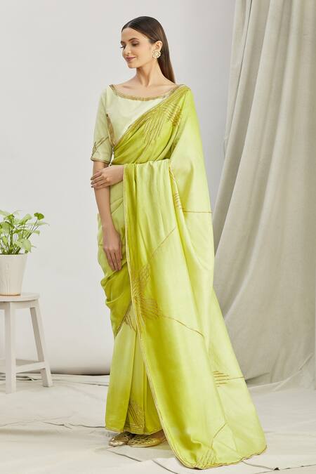 Paksh_Green Chanderi Cutdana Work Boat Neck Saree And Blouse Set _Online_at_Aza_Fashions