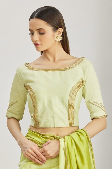 Buy_Paksh_Green Chanderi Cutdana Work Boat Neck Saree And Blouse Set _Online_at_Aza_Fashions