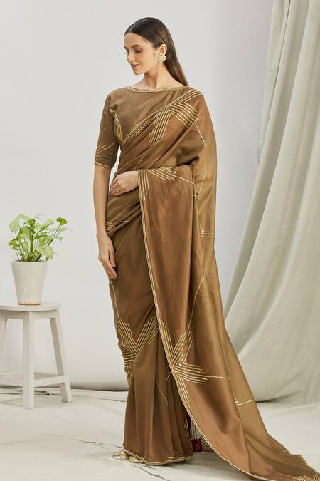 Paksh_Brown Chanderi Cutdana Work Boat Neck Saree And Blouse Set _Online_at_Aza_Fashions