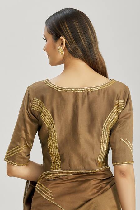 Buy_Paksh_Brown Chanderi Cutdana Work Boat Neck Saree And Blouse Set _Online_at_Aza_Fashions