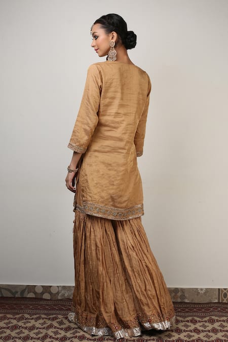 Shop_Rhua_Gold Chanderi, Kurta And Sharara Banarasi Tissue Silk Dupatta Embroidered Set _at_Aza_Fashions