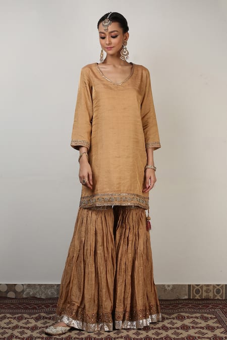 Rhua_Gold Chanderi, Kurta And Sharara Banarasi Tissue Silk Dupatta Embroidered Set _Online_at_Aza_Fashions