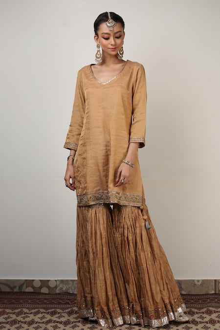 Buy_Rhua_Gold Chanderi, Kurta And Sharara Banarasi Tissue Silk Dupatta Embroidered Set _Online_at_Aza_Fashions