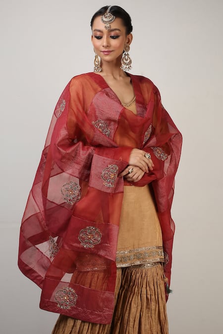 Shop_Rhua_Gold Chanderi, Kurta And Sharara Banarasi Tissue Silk Dupatta Embroidered Set _Online_at_Aza_Fashions