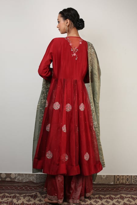 Shop Rhua Red Anarkali Chanderi And Organza Sharara Chanderi Dupatta Embroidered Set at Aza Fashions Shop_Rhua_Red Anarkali Chanderi And Organza Sharara Chanderi Dupatta Embroidered Set_at_Aza_Fashions