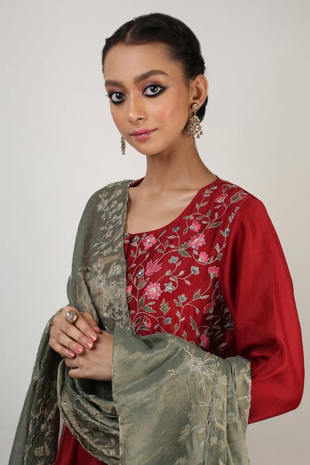 Buy Rhua Red Anarkali Chanderi And Organza Sharara Chanderi Dupatta Embroidered Set Online at Aza Fashions Buy_Rhua_Red Anarkali Chanderi And Organza Sharara Chanderi Dupatta Embroidered Set_Online_at_Aza_Fashions