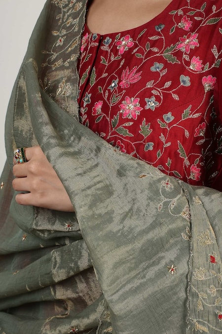 Rhua Red Anarkali Chanderi And Organza Sharara Chanderi Dupatta Embroidered Set at Aza Fashions Rhua_Red Anarkali Chanderi And Organza Sharara Chanderi Dupatta Embroidered Set_at_Aza_Fashions