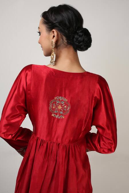 Shop Rhua Red Organza, Chanderi, Cotton Silk, Gaji Silk, Embroidered Anarkali Pant Set at Aza Fashions Shop_Rhua_Red Organza, Chanderi, Cotton Silk, Gaji Silk, Embroidered Anarkali Pant Set_at_Aza_Fashions