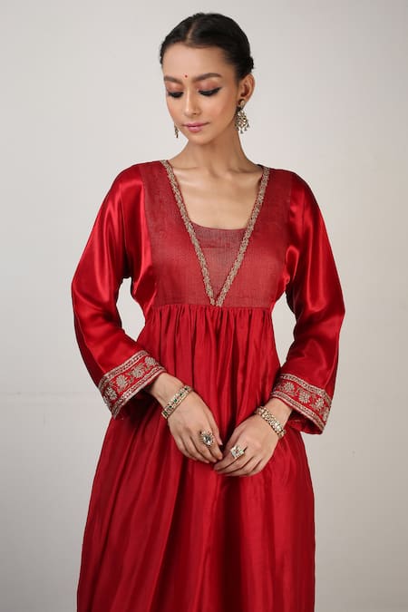 Rhua Red Organza, Chanderi, Cotton Silk, Gaji Silk, Embroidered Anarkali Pant Set Online at Aza Fashions Rhua_Red Organza, Chanderi, Cotton Silk, Gaji Silk, Embroidered Anarkali Pant Set_Online_at_Aza_Fashions