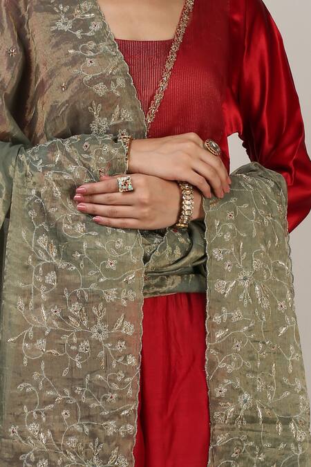 Shop Rhua Red Organza, Chanderi, Cotton Silk, Gaji Silk, Embroidered Anarkali Pant Set Online at Aza Fashions Shop_Rhua_Red Organza, Chanderi, Cotton Silk, Gaji Silk, Embroidered Anarkali Pant Set_Online_at_Aza_Fashions