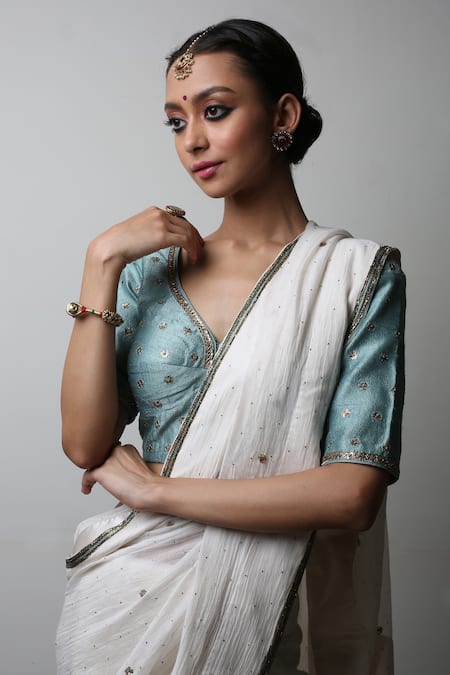 Rhua_White Saree Chanderi Blouse Raw Silk Petticoat Cotton Embroidered And Set_Online_at_Aza_Fashions