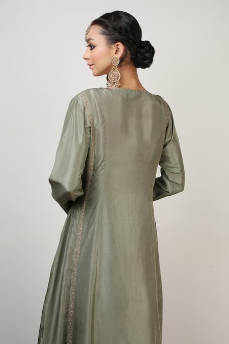 Shop Rhua Green Kurta Silk Churidar Cotton Silk Dupatta Tissue Embroidered Set at Aza Fashions Shop_Rhua_Green Kurta Silk Churidar Cotton Silk Dupatta Tissue Embroidered Set _at_Aza_Fashions