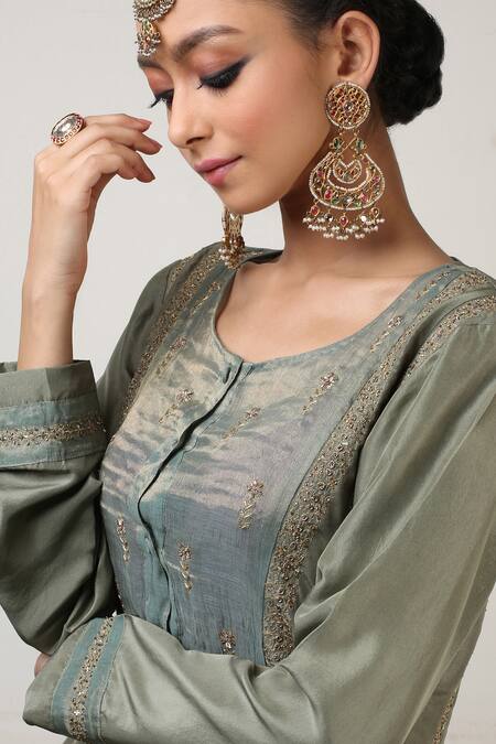 Shop Rhua Green Kurta Silk Churidar Cotton Silk Dupatta Tissue Embroidered Set Online at Aza Fashions Shop_Rhua_Green Kurta Silk Churidar Cotton Silk Dupatta Tissue Embroidered Set _Online_at_Aza_Fashions