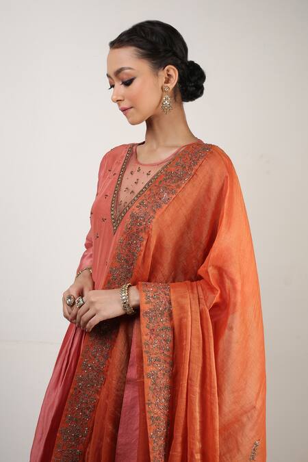 Rhua_Peach Silk, Organza Aari, Zardozi Round Embroidered Anarkali Set_Online_at_Aza_Fashions