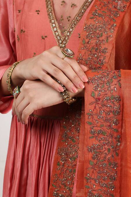 Buy_Rhua_Peach Silk, Organza Aari, Zardozi Round Embroidered Anarkali Set_Online_at_Aza_Fashions