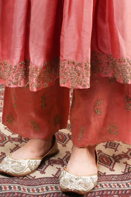 Shop_Rhua_Peach Silk, Organza Aari, Zardozi Round Embroidered Anarkali Set_Online_at_Aza_Fashions