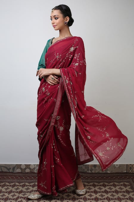 Rhua_Red Saree Chiffon Blouse Chanderi Petticoat Cotton Floral Embroidered With_Online_at_Aza_Fashions