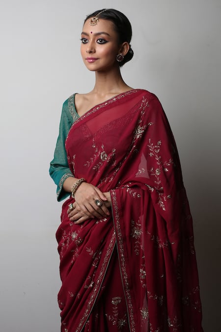 Buy_Rhua_Red Saree Chiffon Blouse Chanderi Petticoat Cotton Floral Embroidered With_Online_at_Aza_Fashions