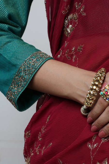 Shop_Rhua_Red Saree Chiffon Blouse Chanderi Petticoat Cotton Floral Embroidered With_Online_at_Aza_Fashions