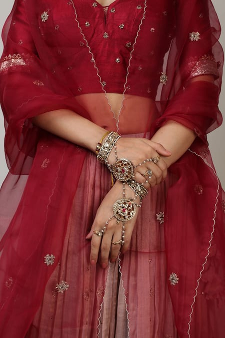 Shop_Rhua_Pink Lehenga Tissue Chanderi Blouse Raw Silk Dupatta Embroidered Set _Online_at_Aza_Fashions