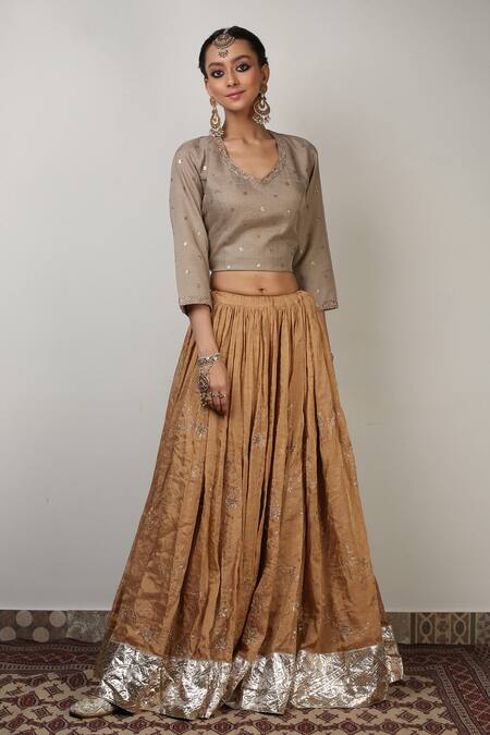 Rhua_Gold Lehenga Banarasi Tissue Blouse Chanderi Dupatta Embroidered Set_Online_at_Aza_Fashions