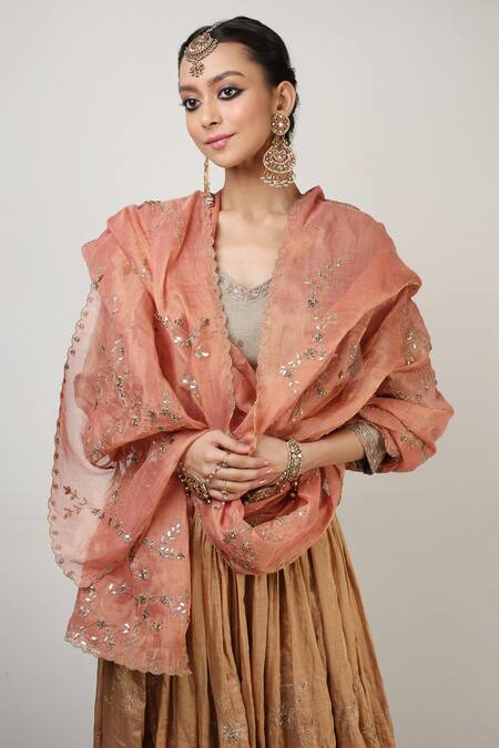 Buy_Rhua_Gold Lehenga Banarasi Tissue Blouse Chanderi Dupatta Embroidered Set_Online_at_Aza_Fashions