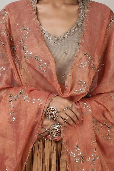 Rhua_Gold Lehenga Banarasi Tissue Blouse Chanderi Dupatta Embroidered Set_at_Aza_Fashions