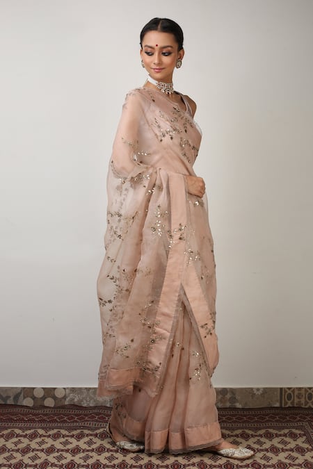 Rhua_Pink Saree Organza Blouse Satin  Petticoat Cotton Aari, With _Online_at_Aza_Fashions